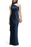 After Six Scarf Detail One-shoulder Satin Charmeuse Column Gown In Blue