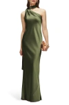 After Six Scarf Detail One-shoulder Satin Charmeuse Column Gown In Green