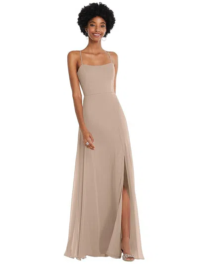 After Six Scoop Neck Convertible Tie-strap Maxi Dress With Front Slit In Neutral