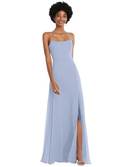 After Six Scoop Neck Convertible Tie-strap Maxi Dress With Front Slit In Blue