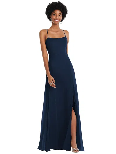After Six Scoop Neck Convertible Tie-strap Maxi Dress With Front Slit In Blue