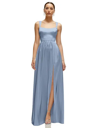 After Six Shaped Strap Portrait Neckline Fluid Satin Maxi Dress With Full Skirt