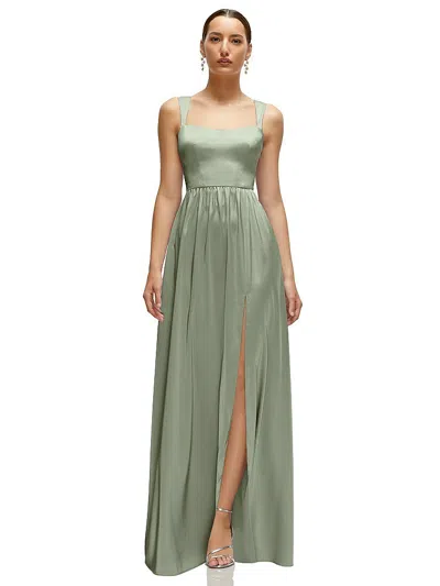 After Six Shaped Strap Portrait Neckline Fluid Satin Maxi Dress With Full Skirt