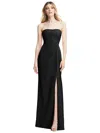 After Six Strapless Pleated Faux Wrap Trumpet Gown With Front Slit In Black