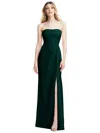 AFTER SIX STRAPLESS PLEATED FAUX WRAP TRUMPET GOWN WITH FRONT SLIT