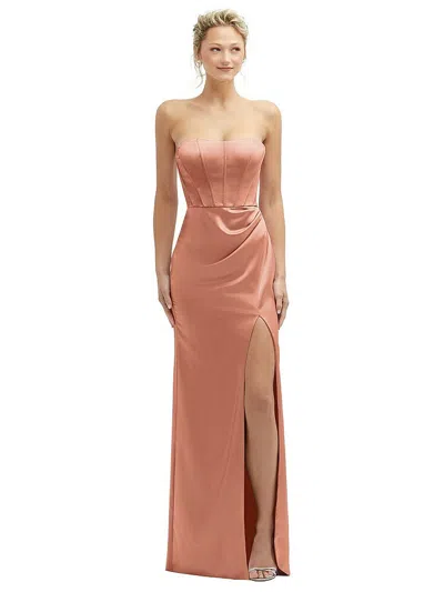 After Six Strapless Topstitched Corset Satin Maxi Dress With Draped Column Skirt