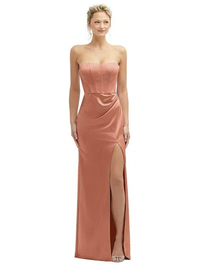 AFTER SIX STRAPLESS TOPSTITCHED CORSET SATIN MAXI DRESS WITH DRAPED COLUMN SKIRT