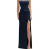 After Six Strapless Topstitched Corset Satin Maxi Dress With Draped Column Skirt In Blue