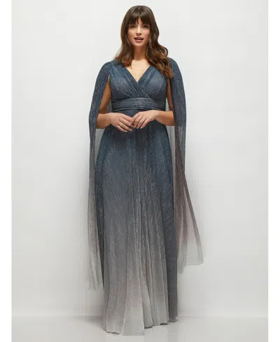 After Six Women's Streamer Sleeve Ombre Pleated Metallic Maxi Dress In Cosmic Blue