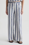 Ag Carolyn Stripe Wide Leg Cotton & Linen Drawstring Pants In Blue