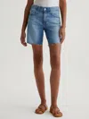 Ag Ex-boyfriend Distressed Raw Hem Mid Length Denim Shorts In Blue