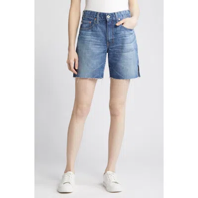 Ag Ex-boyfriend Raw Hem Mid Length Denim Shorts In Blue