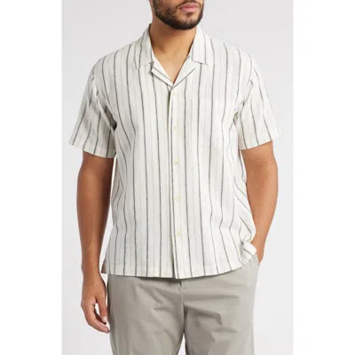 Ag Foster Stripe Linen & Cotton Camp Shirt In White/grey Stripe