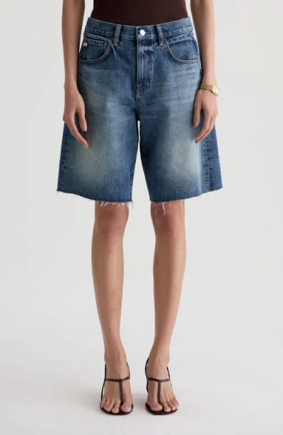 Ag Hattie Raw Hem High Waist Denim Barrel Shorts In Blue
