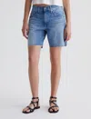 Ag Ex-boyfriend Distressed Raw Hem Mid Length Denim Shorts In Blue