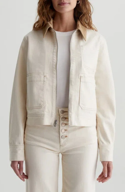 Ag Jo Corduroy Collar Crop Denim Utility Jacket In White Oat/sandstone Mist