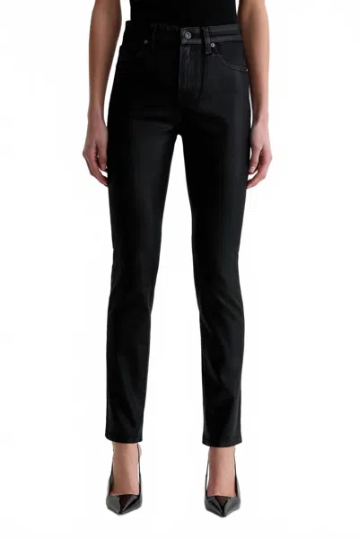 Ag Mari Mid Rise Slim Straight Jeans In Leatherette Super Black In Multi