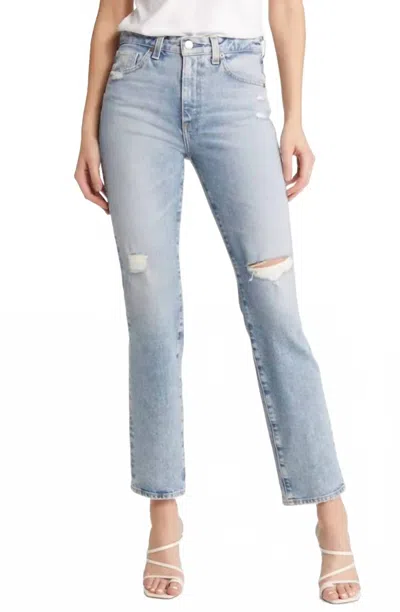 Ag Saige High Rise Straight Jeans In Apparition Destructed In Blue