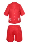 Ag Studio Red Linen Set With Flower Embroidery