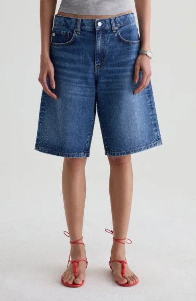 Ag Thalia Embellished Denim Bermuda Shorts In Blue