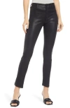 Ag The Farrah High Rise Ankle Skinny Leather Panel Denim Pants In Luminous Super Black