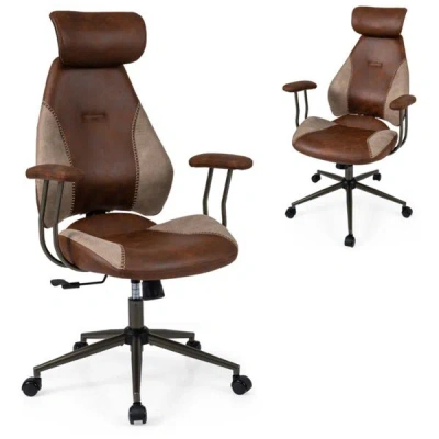 Agah Brown Color Blocking Office Chair With 2d Adjustable Headrest, Ergonomic High-back Desk Chair 330 Lb