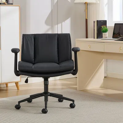 Agah Cross Legged Chair With Flip-up Armrests Leather, Cross Legged Office Chair On Wheels, Comfy Swivel  In Black