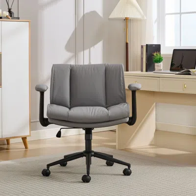 Agah Cross Legged Chair With Flip-up Armrests Leather, Cross Legged Office Chair On Wheels, Comfy Swivel  In Gray