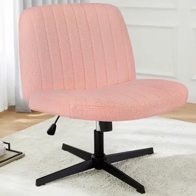 Agah Cross Legged Office Living Room Rocking Gaming Chair Armless Wide Desk Adjustable Swivel Fabric Task In Pink
