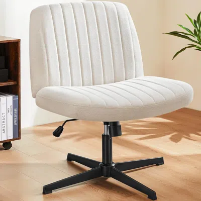 Agah Cross Legged Office Living Room Rocking Gaming Chair Armless Wide Desk Adjustable Swivel Fabric Task In White