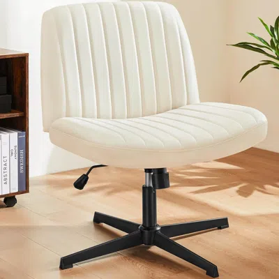 Agah Cross Legged Office Living Room Rocking Gaming Chair Armless Wide Desk Adjustable Swivel Fabric Task In White