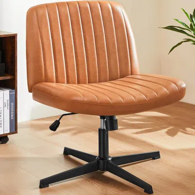 Agah Cross Legged Office Living Room Rocking Gaming Chair Armless Wide Desk Adjustable Swivel Fabric Task In Brown