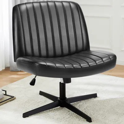 Agah Cross Legged Office Living Room Rocking Gaming Chair Armless Wide Desk Adjustable Swivel Fabric Task In Black