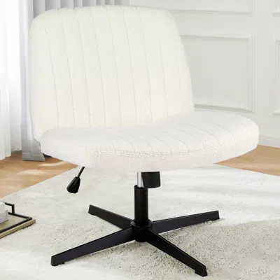 Agah Cross Legged Office Living Room Rocking Gaming Chair Armless Wide Desk Adjustable Swivel Fabric Task In White