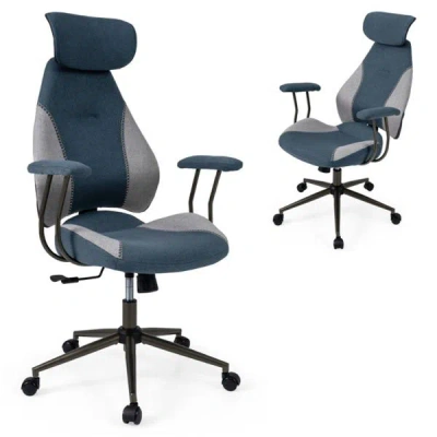 Agah Gray Blue Color Blocking Office Chair With 2d Adjustable Headrest, Ergonomic High-back Desk Chair 33