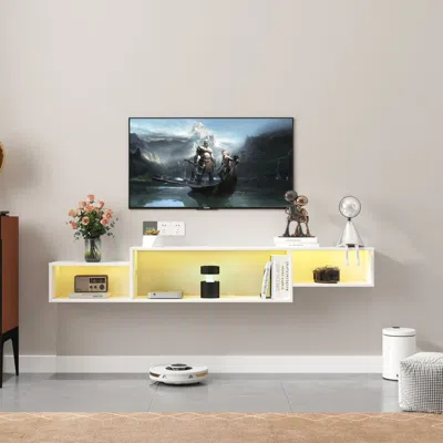 Agah Home 65.35in Wall Mounted Floating Tv Stand With 20 Color Leds And Charging Station