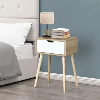 Agah Home Side Table With 1 Drawer And Rubber Wood Legs, Mid-century Modern Storage Cabinet For Bedroom Living