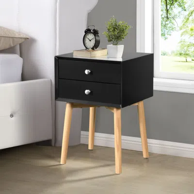 Agah Home Side Table With 2 Drawer And Rubber Wood Legs; Mid-century Modern Storage Cabinet For Bedroom Living