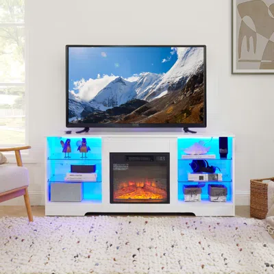 Agah Home Tv Stand Electric Fireplace Tv Stand With Glass Shelves, 3d Fireplace Tv Stand With Led Lights Wood 