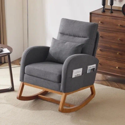 Agahome Grey Linen Rocking Chair Nursery With Thick Headrest, Upholstered Mid-century Modern Nursing Rocker 