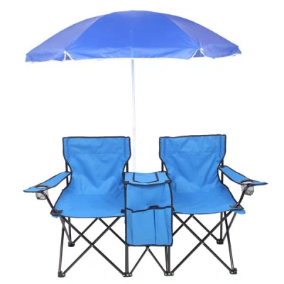 Agahome Portable Outdoor 2-seat Folding Chair With Removable Sun Umbrella Blue