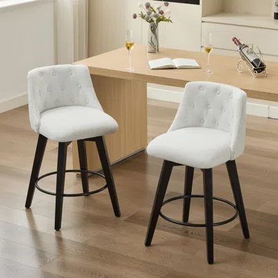 Agaile 007-swivel Counter Chairs, Modern Linen Fabric With Button-tufted Backrest, Stylish Bar Stools, Set  In White
