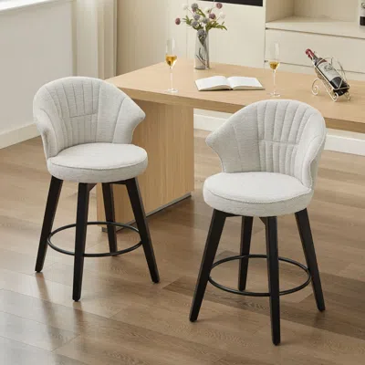 Agaile 008-set Of 2 Counter Height Swivel Bar Stools, Chenille Upholstered Chairs With Wide Backrest For Ba In White