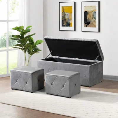 Agaile 1 Piece Rectangular Storage Ottoman Short Velvet With 2 Set Ottomans (light Gray)
