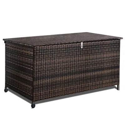Agaile 120 Gal. Outdoor Wicker Storage Box Waterproof, Resin Rattan Deck Box For Patio Garden Furniture, Ou In Brown