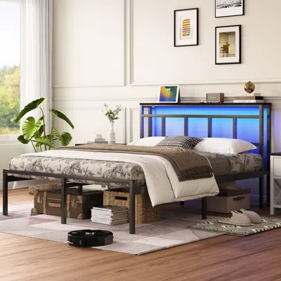Agaile 14 Inch Full Bed Frame With Storage Headboard, Metal Platform Bed Frame With Usb-c,type-c And Led Li In Multi