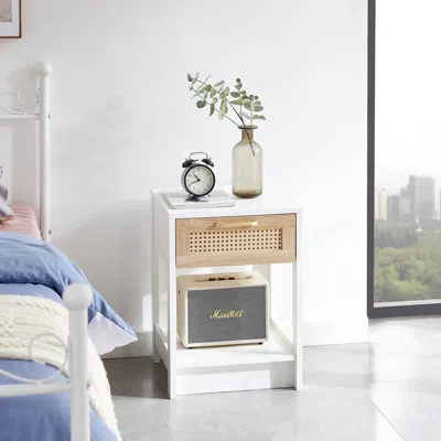 Agaile 15.75" Rattan End Table With Drawer, Modern Nightstand, Side Table For Living Room, Bedroom In White