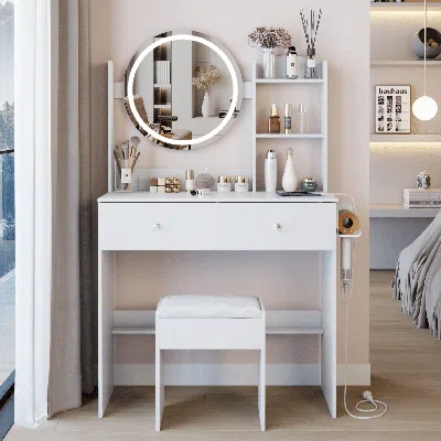 Agaile 17" Round Led Mirror Vanity Table+cushioned Stool, Equipped With 2 Ac+2 Usb Power Socket, Big Mirror In White