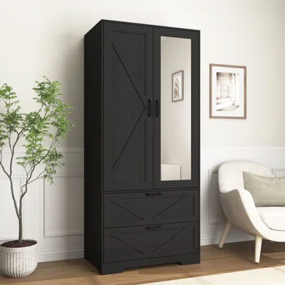 Agaile 2 Door Wood Wardrobe For Bedroom With Hanging Clothing Rod Inside The Cabinet And 2 Drawers For Stor In Black