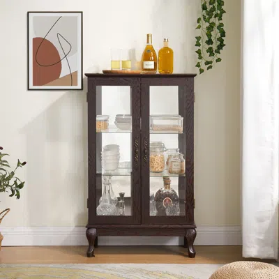 Agaile 2 Doors Curio Cabinet With Tempered Glass Doors, Curio Cabinets With Mirrored Back Panel And Adjusta In Brown